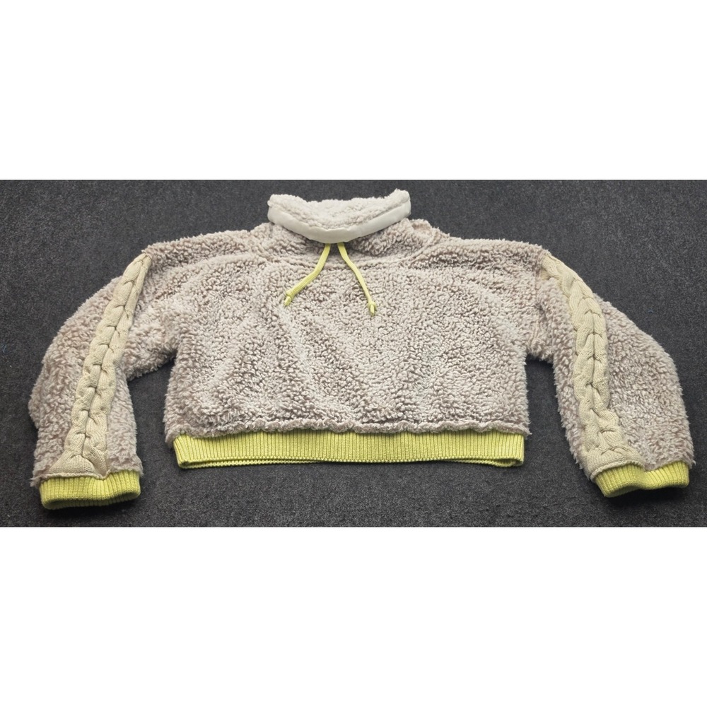 Sage + Fig Sherpa Fleece Pullover Women M Tan Green Cropped Cable Knit Sleeve